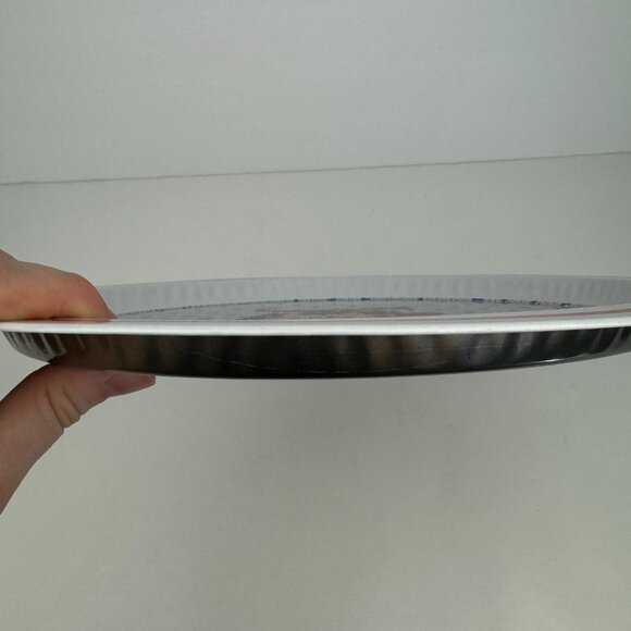 Vtg Round Metal Tin Tray Joy Printed Cross Stitch Design Teddy Bear SNP Chicago - Picture 13 of 13